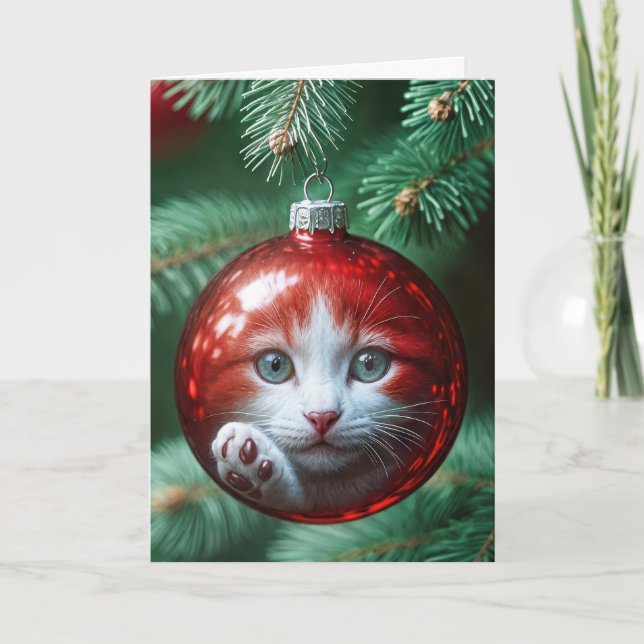 Cat's Reflection In a Red Ornament Holiday Card (Front)