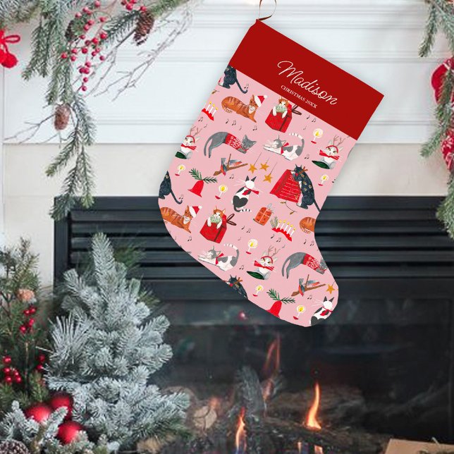Cats retro pink Christmas | Holiday | Stocking (Chritmas stocking girl cat pattern pink)