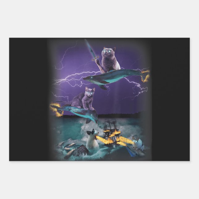 cats riding fire dolphins wreaking sea wrapping paper sheets (Front)