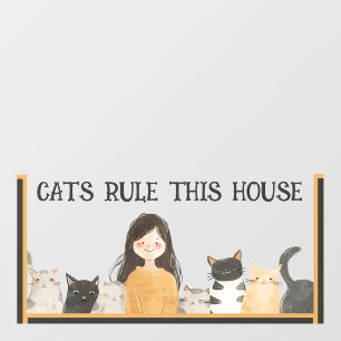 CATS RULE THIS HOUSE Cute Girl with Kittens Fun Wall Decal