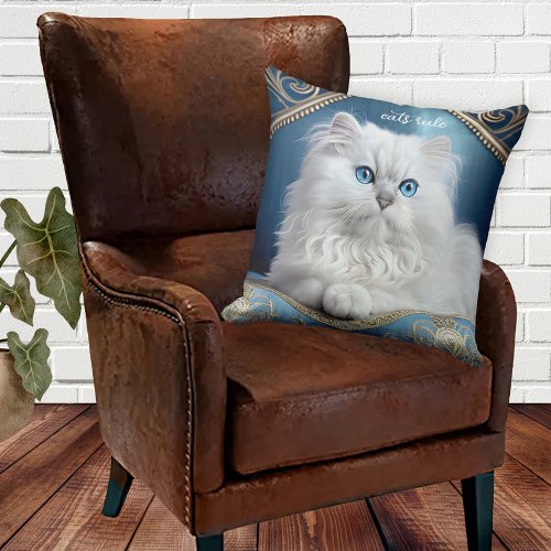 Cats Rule White Cat Throw Pillow