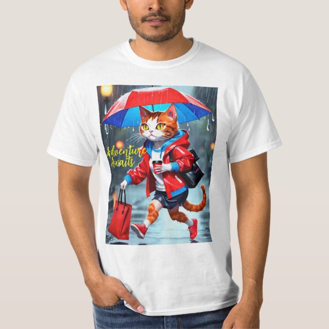 cats running in the rain with umbrellas t-shirt (Front)