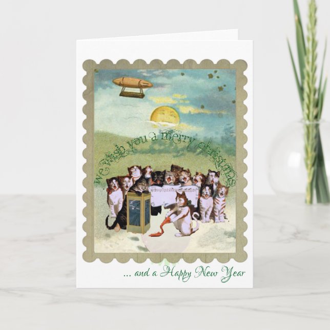 Cats singing with a steampunk christmas theme holiday card (Front)