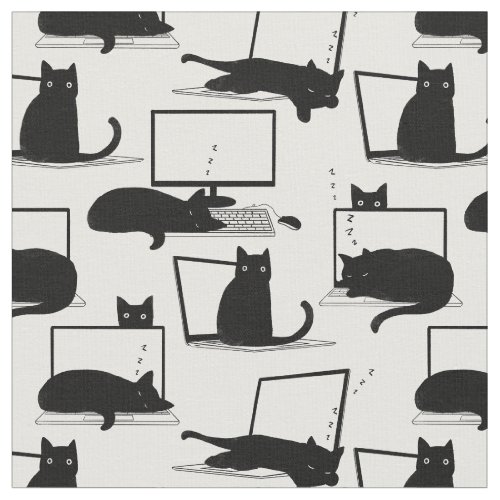 Cats Sitting on Laptops Fabric