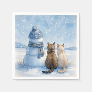 Cats Sitting With a Snowman In a Field Napkins