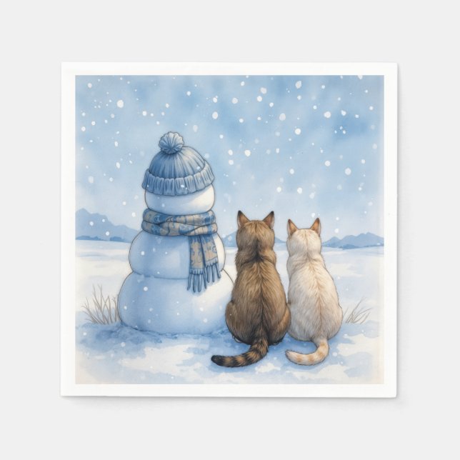 Cats Sitting With a Snowman In a Field Napkins (Front)