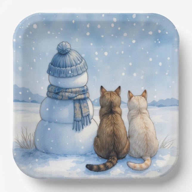Cats Sitting With a Snowman In a Field Paper Plates (Front)
