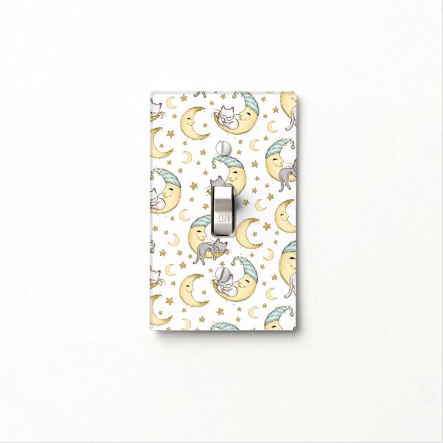 Cats Sleeping on the Moon – Soft Muted Yellows Light Switch Cover (In Situ)