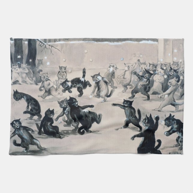 Cats Snowball Fight, Louis Wain Kitchen Towel (Horizontal)