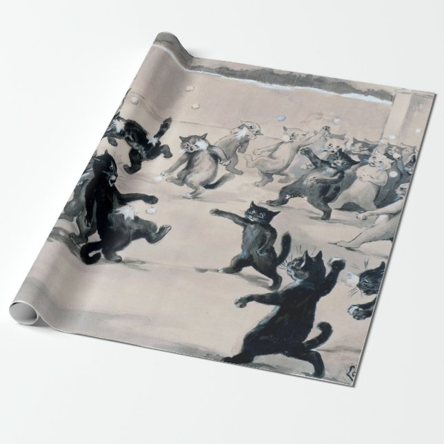 Cats Snowball Fight, Louis Wain Wrapping Paper (Unrolled)