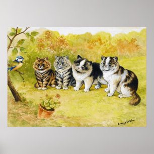Cats Staring at a Little Bird, Louis Wain Poster