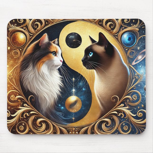 Cats Symbolizing Balance with a Yin Yang Mouse Pad (Front)
