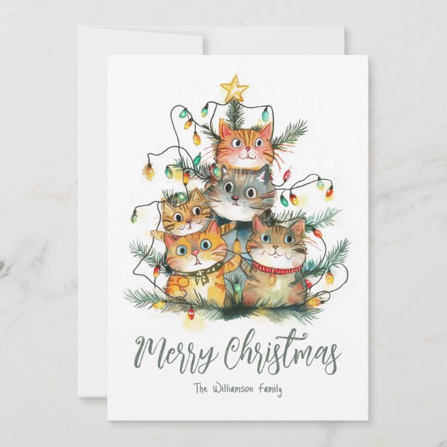 Cats Tangled in Christmas Tree Holiday Card (Front)