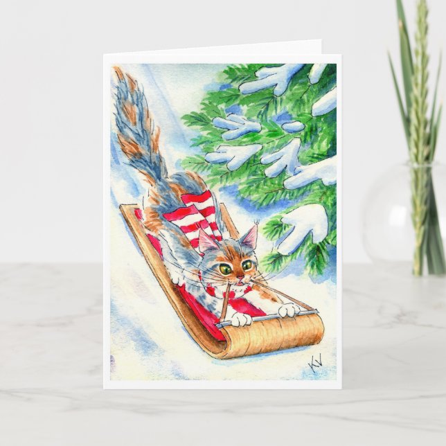 Cat's Toboggan Ride Holiday Card (Front)