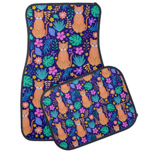 Cats & Tropical Flowers: Dark Pattern Car Floor Mat