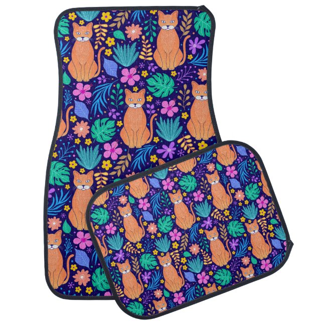 Cats & Tropical Flowers: Dark Pattern Car Floor Mat (Set)