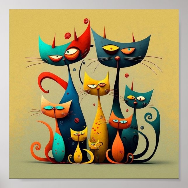 cats, vibrant, colorful, whimsical, stylized, play poster (Front)