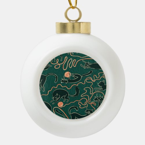 Cats Vintage Doodle Seamless Pattern Ceramic Ball Christmas Ornament