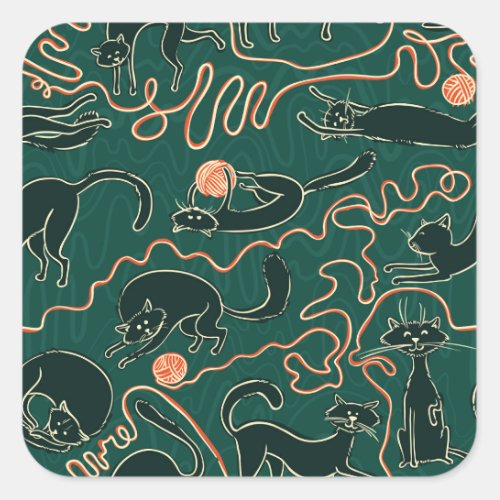 Cats Vintage Doodle Seamless Pattern Square Sticker