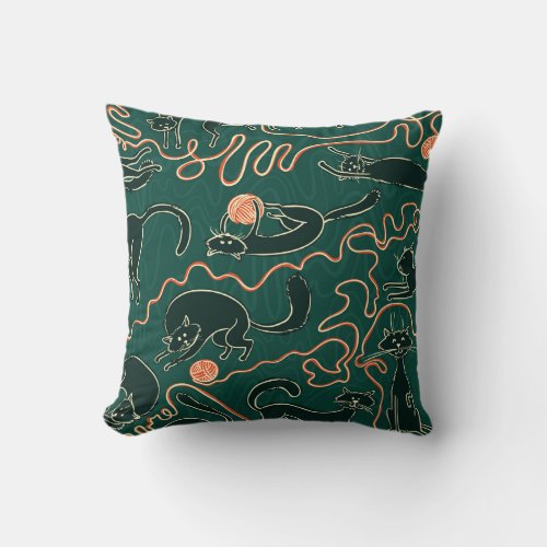 Cats Vintage Doodle Seamless Pattern Throw Pillow