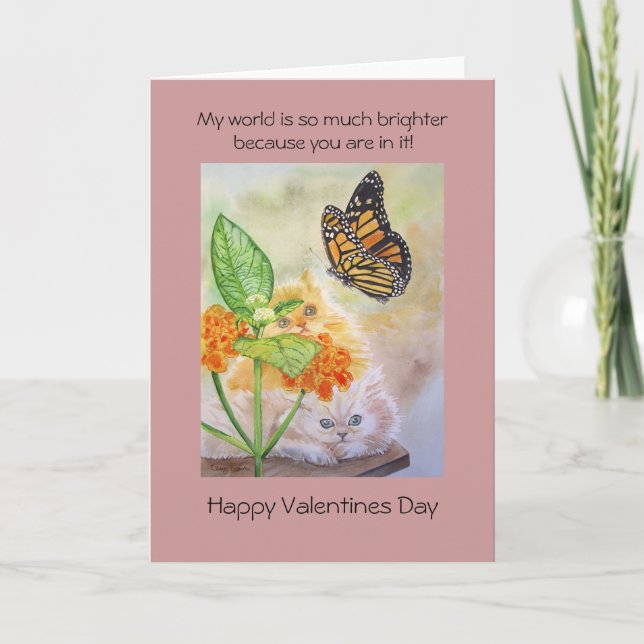 Cats watch butterfly valentine holiday card (Front)