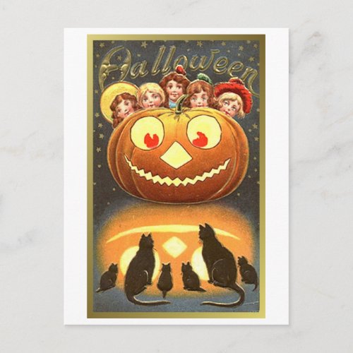 Cats Watching Kids and Pumpkin VIntage Halloween  Postcard