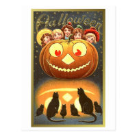 Cats Watching Kids and Pumpkin VIntage Halloween ( Postcard