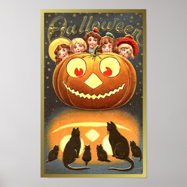 Cats Watching Kids and Pumpkin VIntage Halloween ( Poster (Front)
