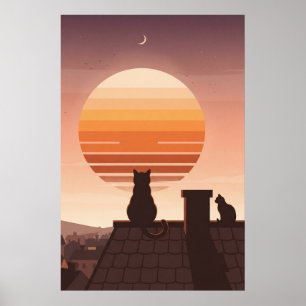 Cats Watching Retro Sunset Over Rooftops Poster