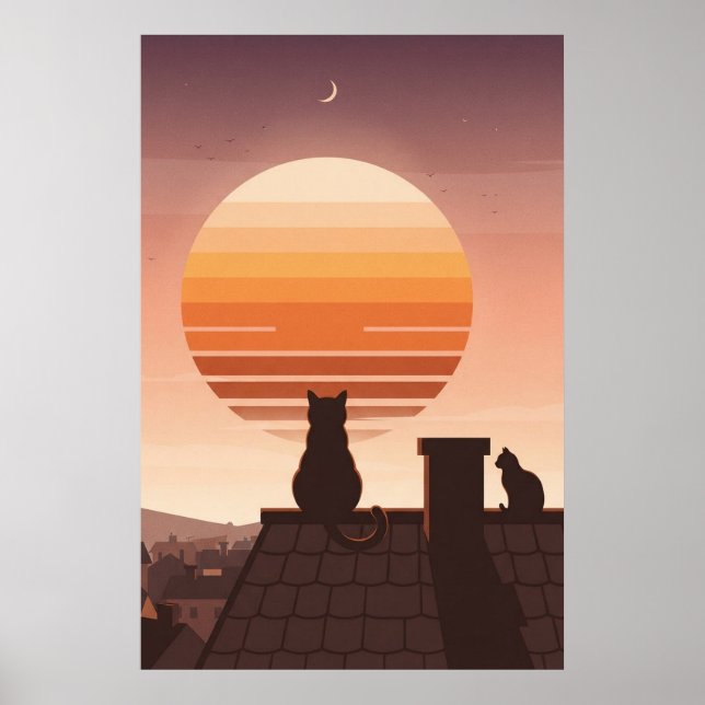 Cats Watching Retro Sunset Over Rooftops Poster (Front)