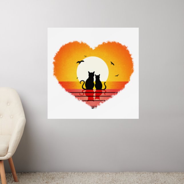cats watching sunset silhouette  wall decal  (Living Room 2)