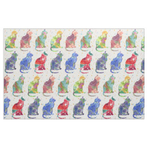 Cats Watercolor Flowers Spots Fabric