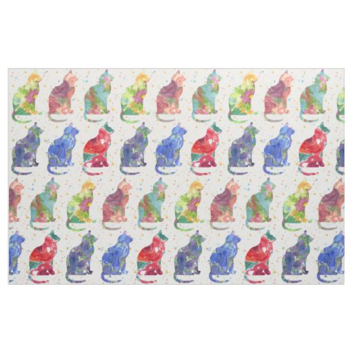 Cats Watercolor Flowers Spots Fabric