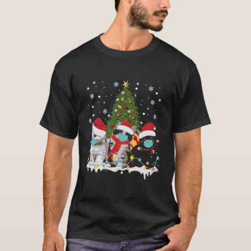 Cats Wear Masks And Santa Hats Christmas Tree Kitt T_Shirt
