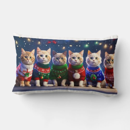 Cats wearing christmass ugly human sweater  lumbar pillow