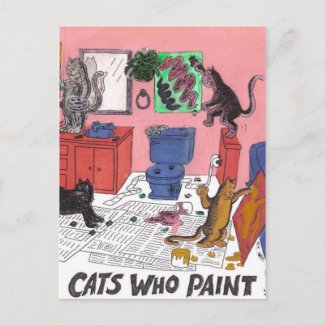 CATS WHO PAINT, cat s painting in a bathroom postcard
