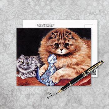 Cats With China Doll Postcard by mangomoonstudio at Zazzle