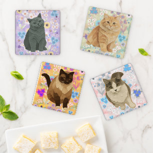 Cats with Floral background Coaster Set