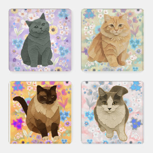 Cats with Floral background Coaster Set