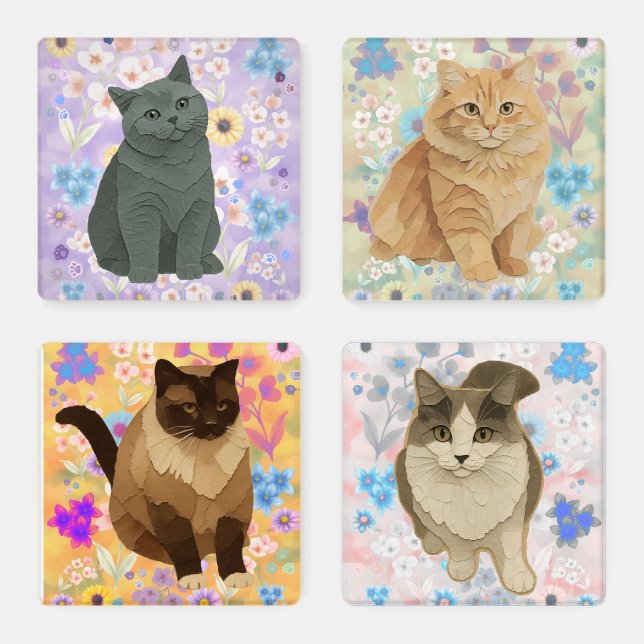 Cats with Floral background Coaster Set (Set)