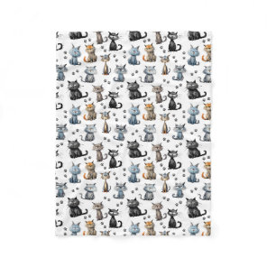 Cats With Grumpy Faces and Paw Prints Pattern Fleece Blanket