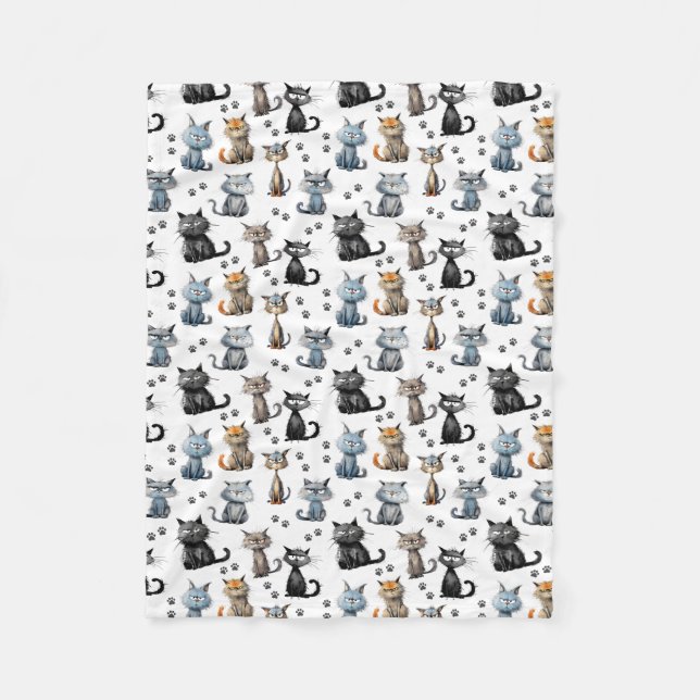 Cats With Grumpy Faces and Paw Prints Pattern Fleece Blanket (Front)