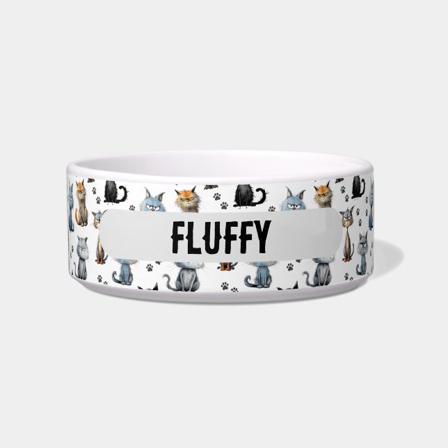 Cats With Grumpy Faces Paw Prints Pattern Name Bowl (Front)