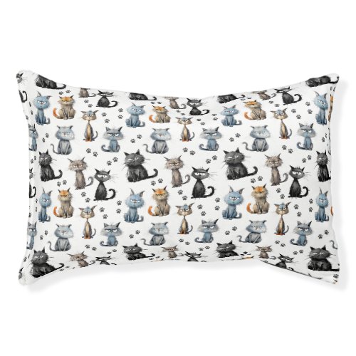 Cats With Grumpy Faces Paw Prints Pattern Pet Bed