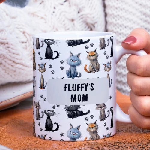 Cats With Grumpy Scowling Faces Pattern With Name Coffee Mug