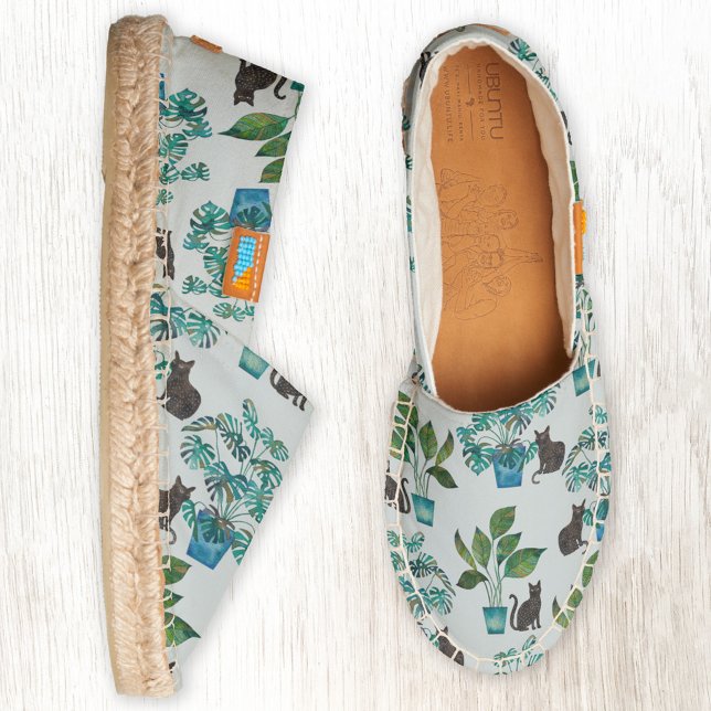Cats with House Plants Espadrilles (Black cat with houseplants pattern espadrille shoes)