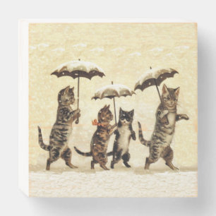 Cats With Kittens Holding Umbrellas in Snow Yellow Wooden Box Sign