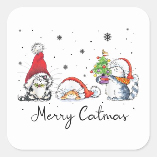 Cats With Santa Hat Merry Catmas Cat Lover Christm Square Sticker