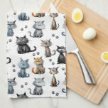 Cats With Scowling Faces and Paw Prints Pattern Kitchen Towel
