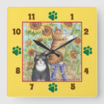 Cats With Sunflowers Square Wall Clock at Zazzle